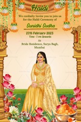 Colorful Caricature Theme Wedding Haldi Ceremony Invitation Card With Lotus Flower And Marigold Hanging,