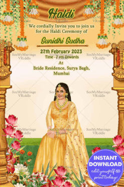 Colorful Caricature Theme Wedding Haldi Ceremony Invitation Card With Lotus Flower And Marigold Hanging,