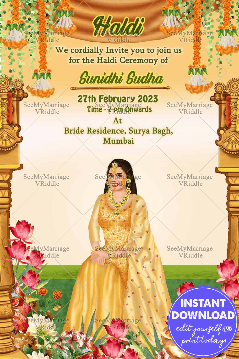 Colorful Caricature Theme Wedding Haldi Ceremony Invitation Card With Lotus Flower And Marigold Hanging