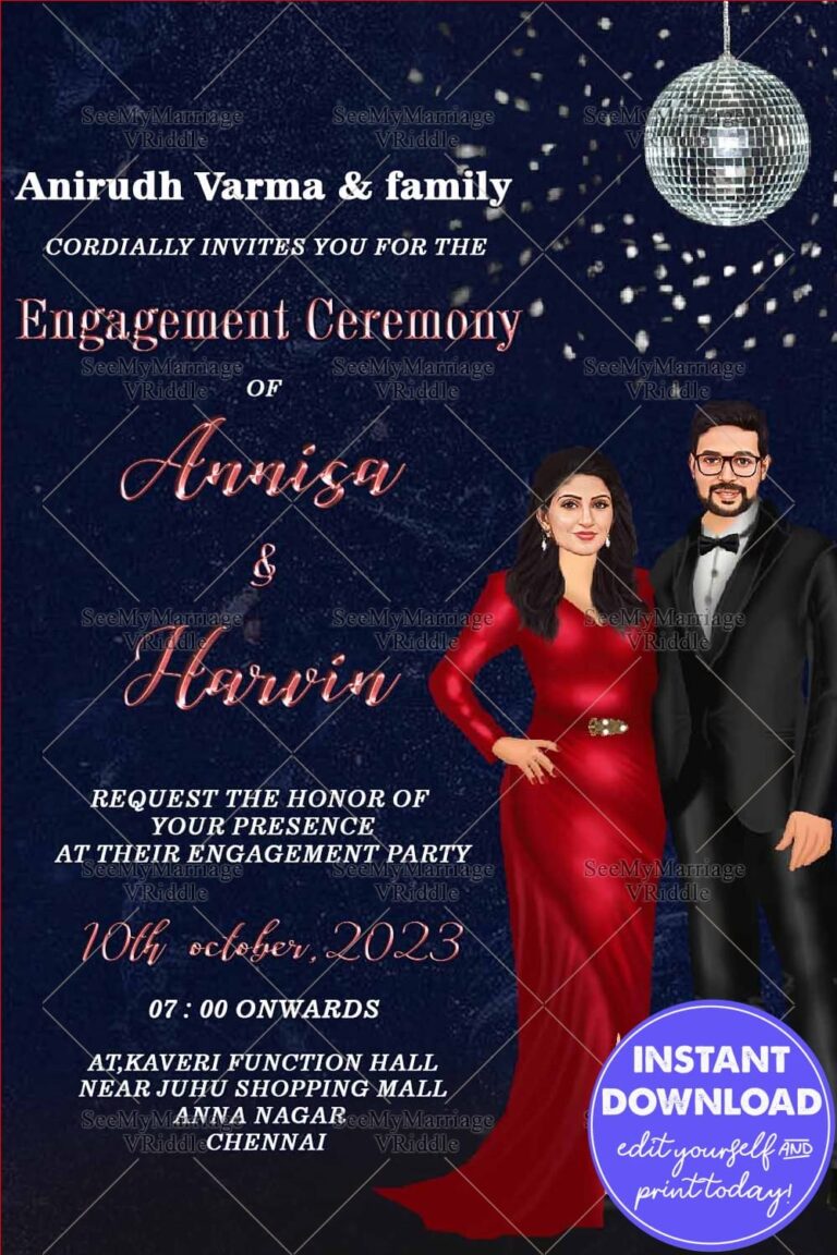 Disco Theme Invitation Card With Glamorous Caricature For A Cocktail Party To Celebrate Engagement
