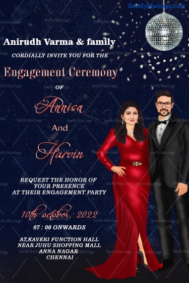 Disco Theme Invitation Card With Glamorous Caricature For A Cocktail Party To Celebrate Engagement