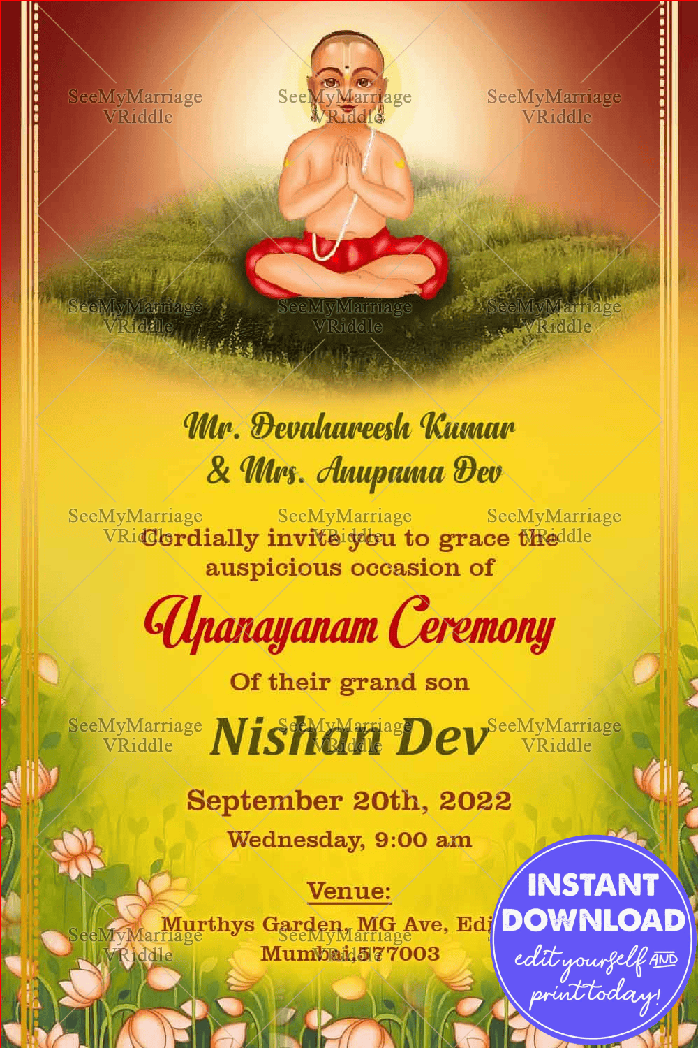 Enlightened By Knowledge Theme Invitation Card For Upanayanam Ceremony With Pink Lotus Flowers