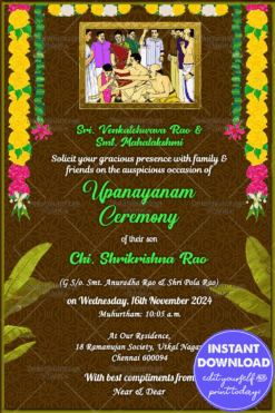 Green Theme Invitation Card For Upanayanam Ceremony With Traditional Flower Decoration And Gold Framed Painting
