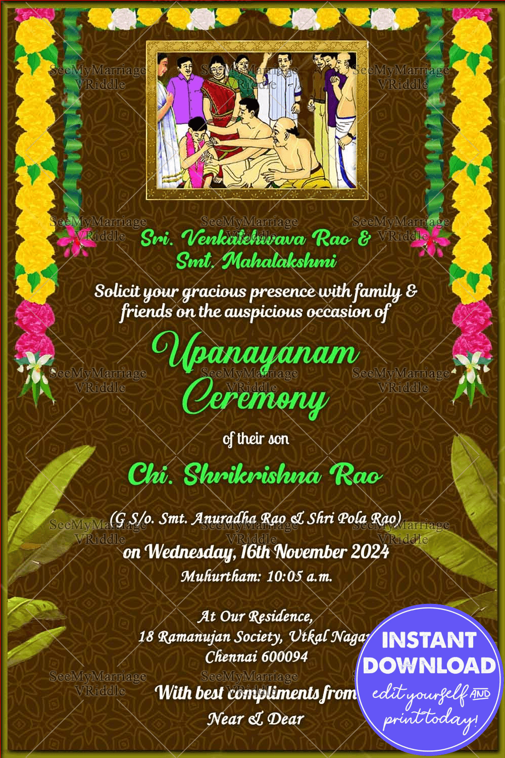 Green Theme Invitation Card For Upanayanam Ceremony With Traditional Flower Decoration And Gold Framed Painting