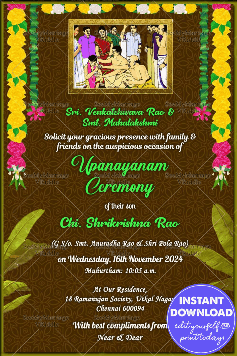 Green Theme Invitation Card For Upanayanam Ceremony With Traditional Flower Decoration And Gold Framed Painting