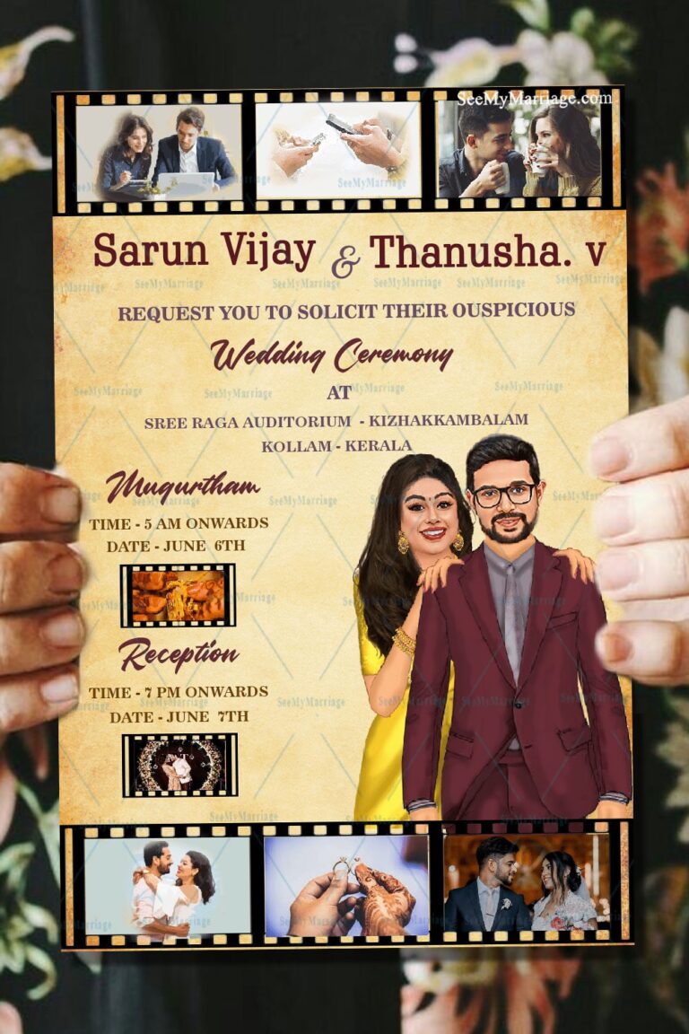 Modern Caricature Wedding Invitation Card In Reels Of Life And Love Theme