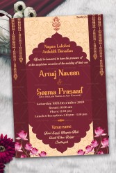 Traditional Cream And Maroon Theme Wedding Invitation Card With Hanging Garlands, Pink Lotus And Gold Accents