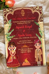 Punjabi Style Cartoon Couple Wedding Invitation Card With Golden Mahal Frame Design, Red Theme Background