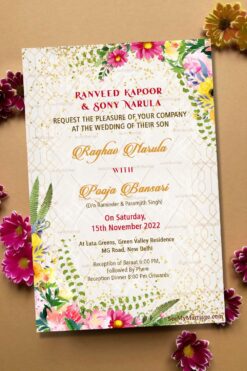 A Vintage Wedding Invitation Card In  A Spring Theme With Bright Flowers Of Yellow Pink And Magenta Colors