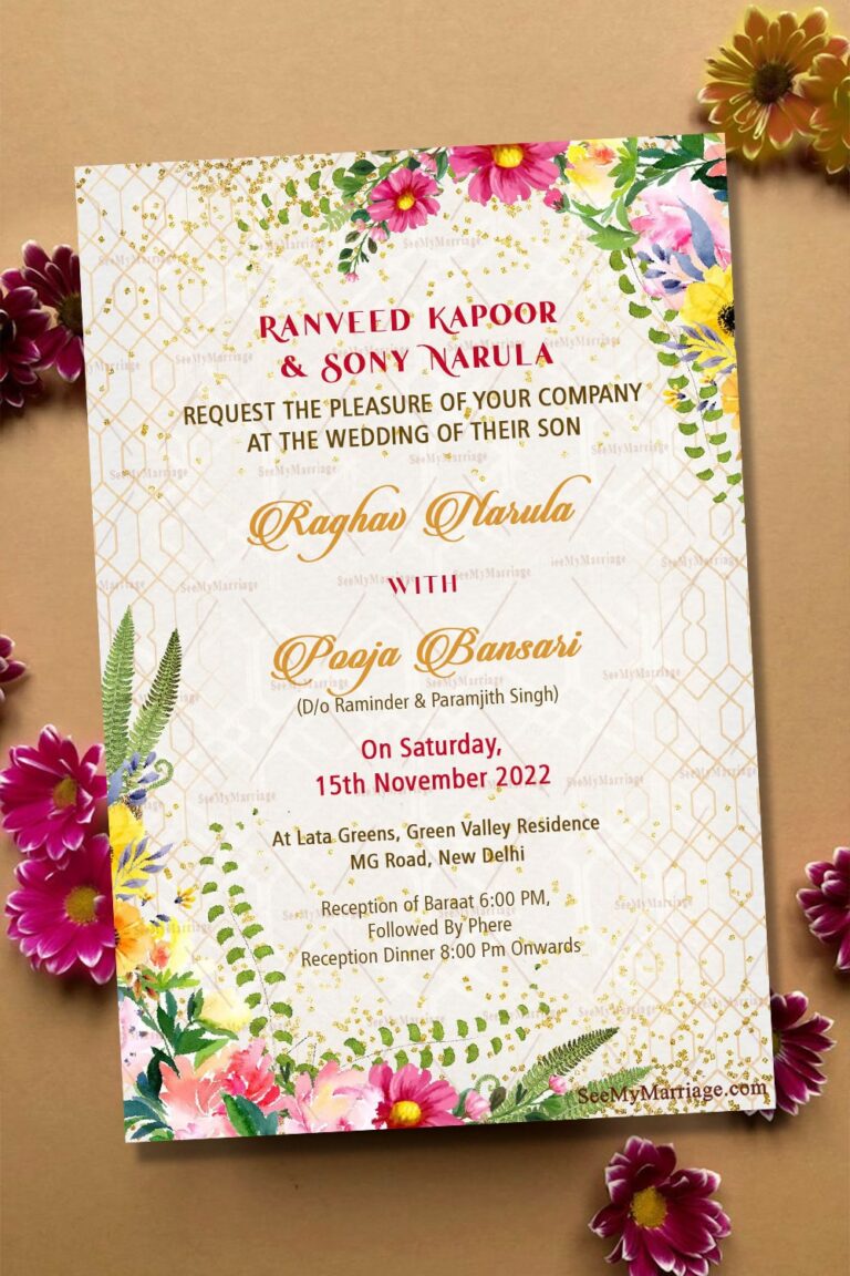 A Vintage Wedding Invitation Card In  A Spring Theme With Bright Flowers Of Yellow Pink And Magenta Colors