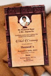 A Vintage Theme Golden Invitation Card for A Traditional Dhoti Ceremony With Photograph