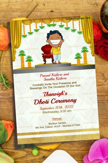 An Endearing And Funky Invitation Card For Dhoti Function With A Toony Boy In A Yellow Shirt Smiling From Ear To Ear