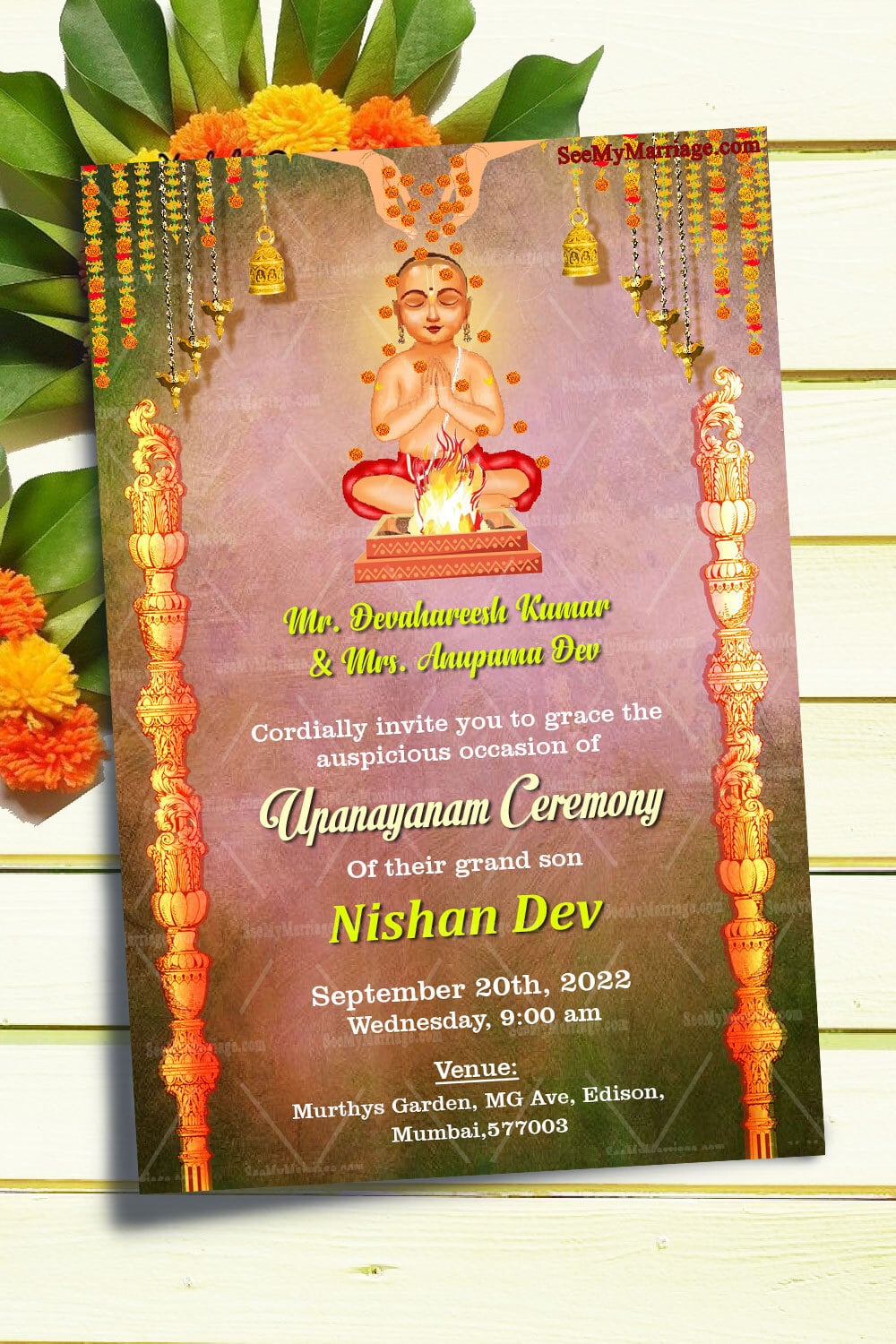 Multicoloured Theme Invitation Card For Upanayanam Ceremony With A Praying Boy Along With Hanging Bells And Lamps