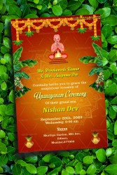 An Orange Theme Traditional Upananyanam Invitation Card With A Boy At The Center Of An Intricately designed Mandala Seeking Knowledge