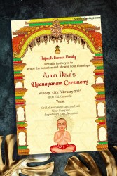 A Cream Theme Traditional Upanayanam Ceremony Invitation Card With A Boy Sitting Under An Elaborate Mandap