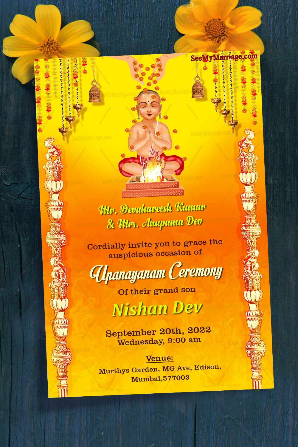 Orange Theme Invitation Card For Upanayanam Ceremony With Hanging Bells And Laps