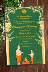 A Green Theme Traditional Invitation Card For Upanayanam Ceremony With Golden Temple Arch