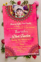 A Festive Pink Theme Invitation Card With Multicolored Mandala Design For A Grand Dhoti Function