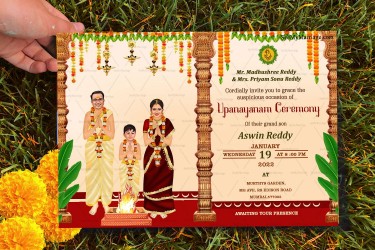 A Happy Family Invitation For A Traditional Upanayanam Ceremony With Caricature Of Mom Dad And Son
