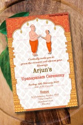 A Traditional Invitation Card For Upanayanam Ceremony In Cream Theme With Image Of Father And Son Performing The Ritual Under A Temple Arch