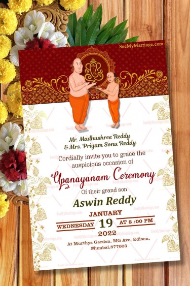 A Traditional Red And White Upanayanam Invitation Card With Cartoon Of Boy Receiving The holy Thread From Father