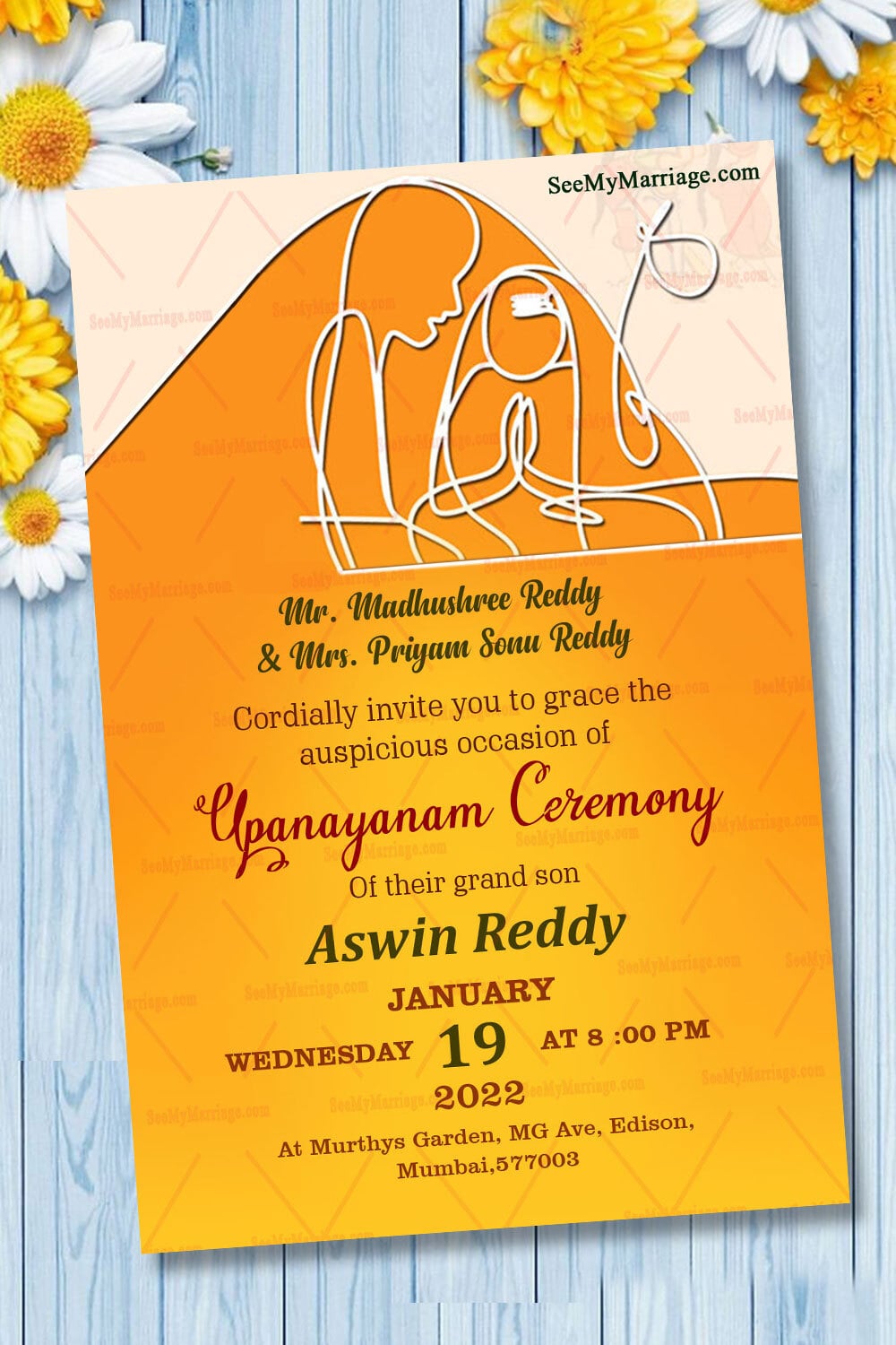 A Modern Artsy Invitation Card For A Traditional Upanayanam Ceremony In Yellow Theme