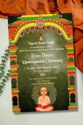 A Green Theme Traditional Upanayanam Ceremony Invitation Card With A Boy Sitting Under A Beautiful And Intricate Mandap