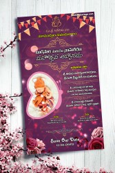 A Purple Theme Naming Ceremony Invitation Card With Butterflies Roses And Pink Paper Flag Banner