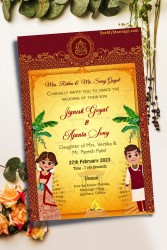 A Traditional Wedding Invitation Card In Auspicious Red And Yellow Color With Cute Cartoony Bride And Groom
