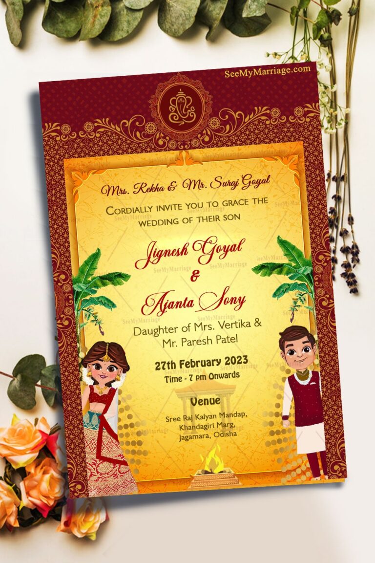 A Traditional Wedding Invitation Card In Auspicious Red And Yellow Color With Cute Cartoony Bride And Groom