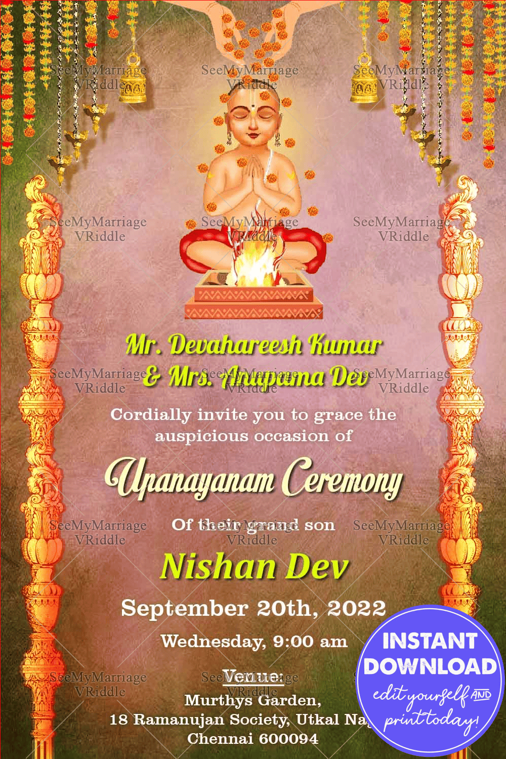 Multicoloured Theme Invitation Card For Upanayanam Ceremony With A Praying Boy Along With Hanging Bells And Lamps