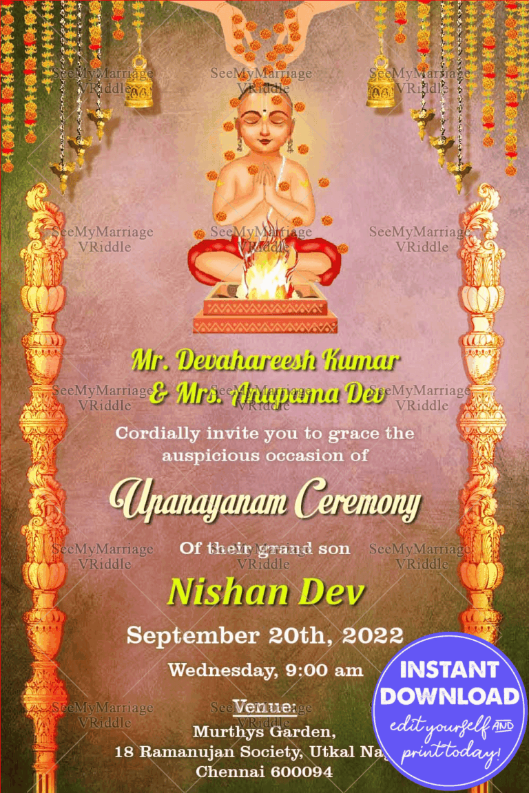 Multicoloured Theme Invitation Card For Upanayanam Ceremony With A Praying Boy Along With Hanging Bells And Lamps