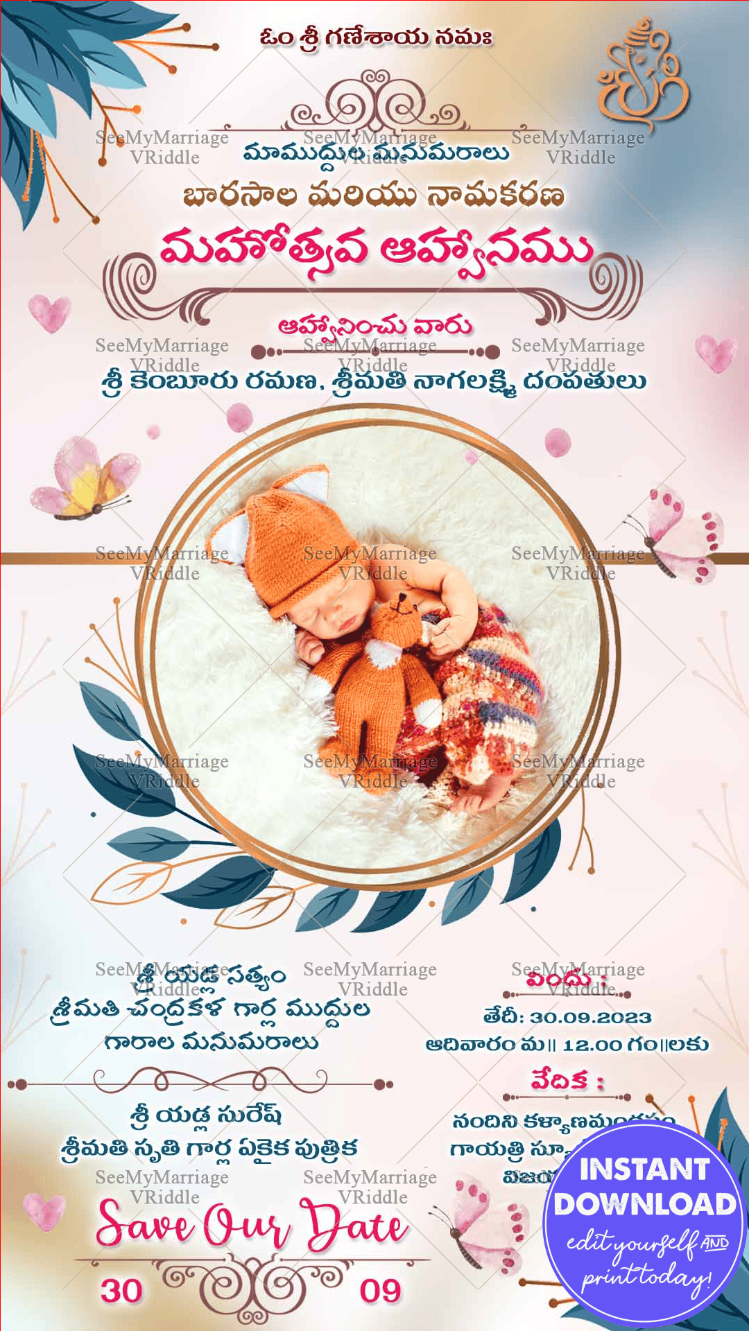 Pink And Blue Theme Invitation Card For A Telugu Barasala Ceremony With Leaves And Butterflies