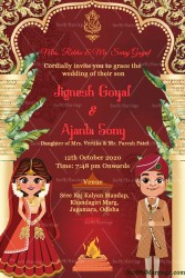 Punjabi Style Cartoon Couple Wedding Invitation Card With Golden Mahal Frame Design, Red Theme Background