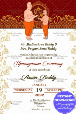 A Traditional Red And White Upanayanam Invitation Card With Cartoon Of Boy Receiving The holy Thread From Father