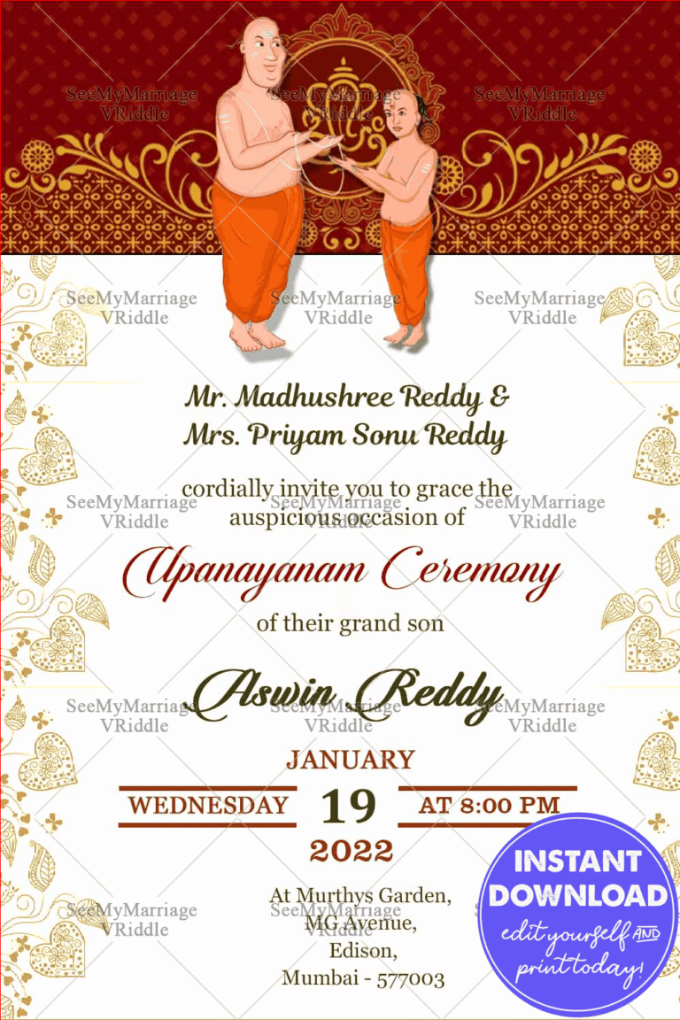 A Traditional Red And White Upanayanam Invitation Card With Cartoon Of Boy Receiving The holy Thread From Father