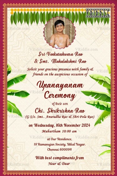 A Traditional Red And White Upanayanam Invitation Card With Gold Border And Image Of The Boy