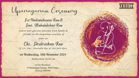 An elegant and Austere Invitation Card For A Traditional Upanayanam Ceremony In Cream and Magenta Colour