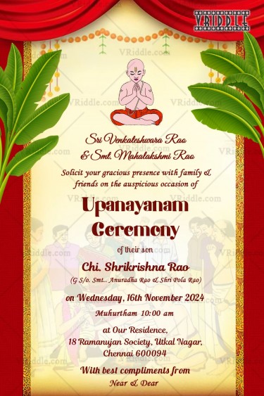 A Yellow Theme Upanayanam Invitation Card With Red Drapes and Banana Shrub On Either Sides