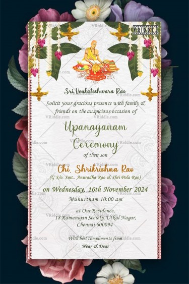 A White Theme invitation Card For Upanayanam Ceremony With Image Of Boy Performing Havan