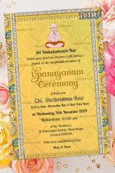A Yellow Theme Invitation Card For Upanayanam Ceremony With Bright Kalamkari Design Border
