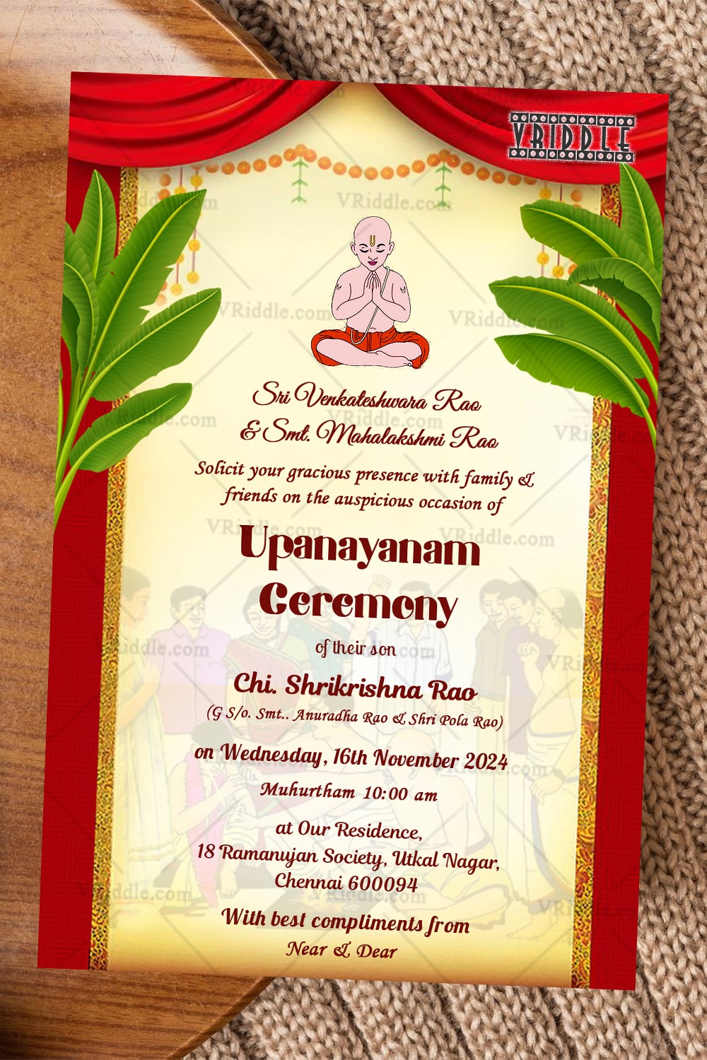 A Yellow Theme Upanayanam Invitation Card With Red Drapes and Banana Shrub On Either Sides
