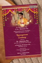 A Magenta Theme Invitation Card For Upanayanam Ceremony With Traditional Marigold Toran And Photo Of The Boy