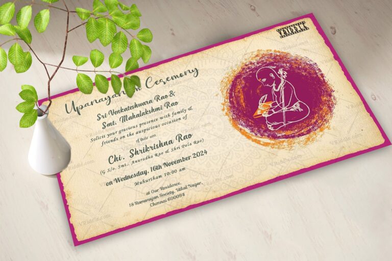 An Elegant And Austere Invitation Card For A Traditional Upanayanam Ceremony In Cream And Magenta Colour