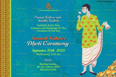A Fun Blue Theme Invitation Card For Dhoti Function With Golden Mandalas And A Toony Boy Holding A Pink Lotus