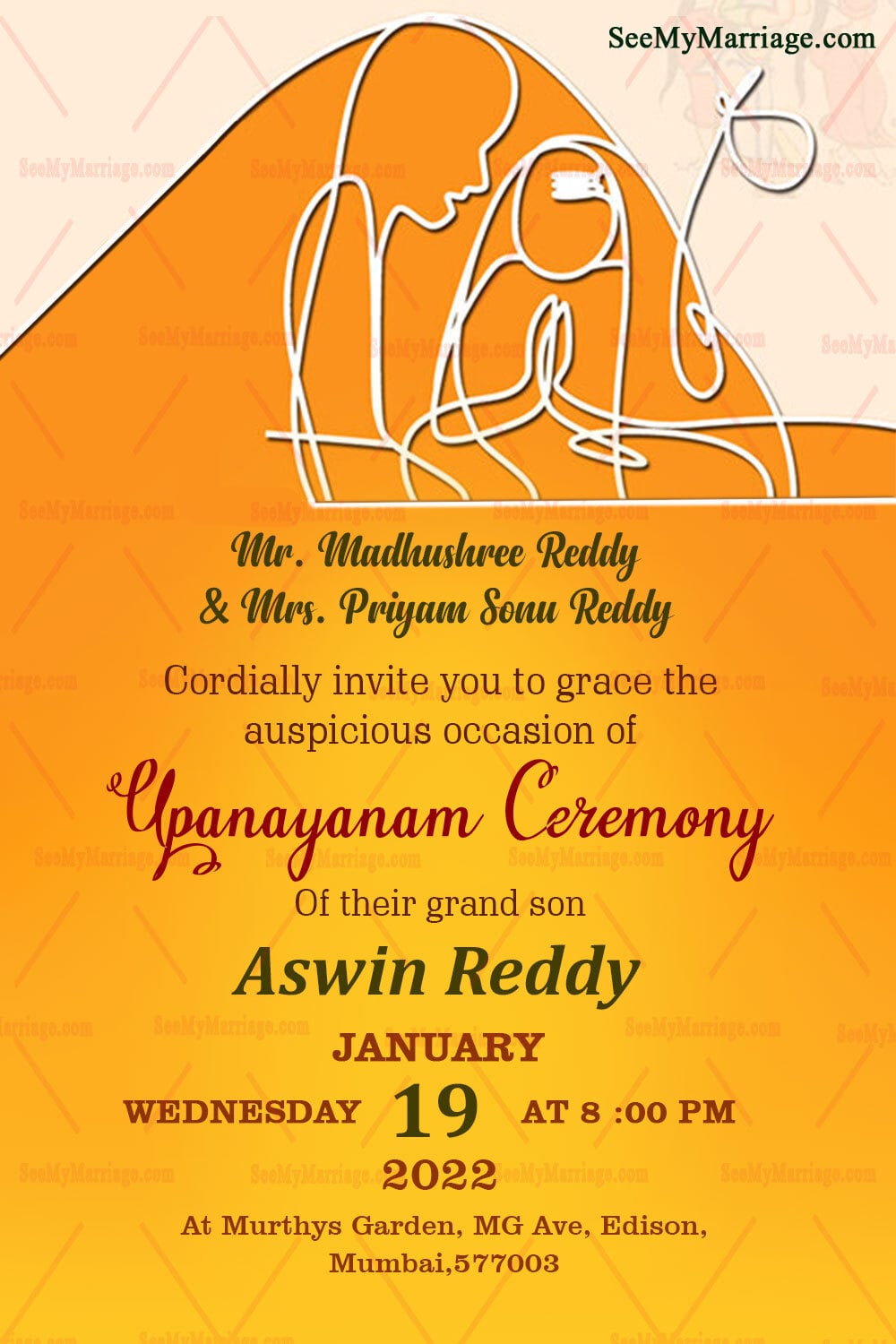 A Modern Artsy Invitation Card For A Traditional Upanayanam Ceremony In Yellow Theme