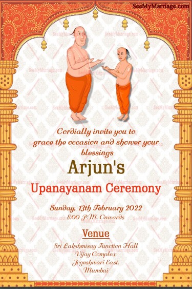 A Traditional Invitation Card For Upanayanam Ceremony In Cream Theme With Image Of Father And Son Performing The Ritual Under A Temple Arch