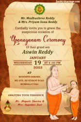 A Scroll Style Invitation Card For Upanayanam Ceremony With Cartoon Of Boy Receiving The Thread And Brahamopadesham From Father