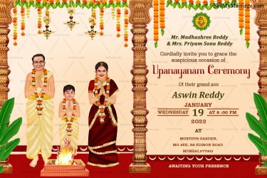 A Happy Family Invitation For A Traditional Upanayanam Ceremony With Cartoom Of Mom Dad And Son