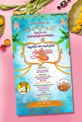 A Vibrant Blue Theme housewarming Invitation Card For A traditional Telugu Gruhapravesh Ceremony With Marigold Flower Toran And Green Banana Shrub